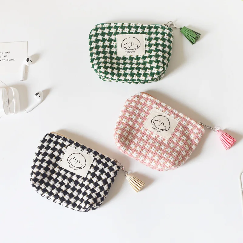 Ladies' Coin Purses Japanese Key Storage Bags For Girl Compact Portable Lipstick Kawaii Cute Plaid Simple Coin Purse Headphone
