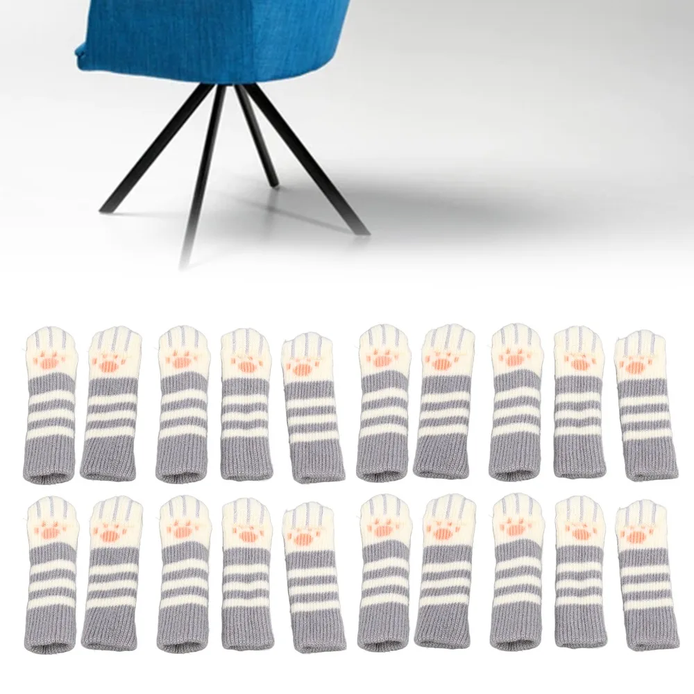 

20pcs Double Thickened Table Feet Cover Knitted Dark Grey Stripe Furniture Leg Socks Non-Slip Chair Leg Protectors Living Room