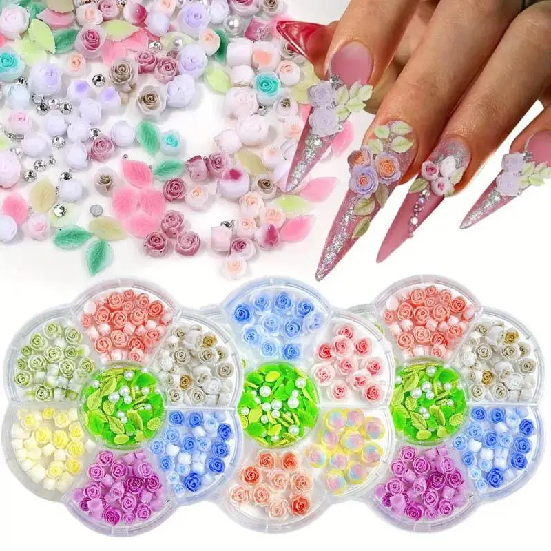 1Box Resin Mixed Colorful Flowers Nail Art Decoration with Pearl Green Leaves Nail Charms Accessories for Nail Phone Case  DIY