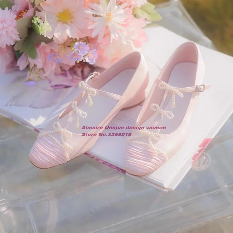 

Pink Pearl Knot Pumps 2023 New Buckle Strap Women's Shoes Summer Round Toe Flat with Shallow Pumps Elegant Casual Shoes Sexy