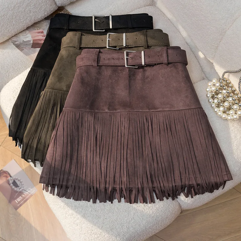 

Women'S Mini Skirt Deerskin Tassel A-Line High Waist Vintage Harajuku Y2K Autumn Spring Spicy Preppy Hot Skirt With Belt Sashe