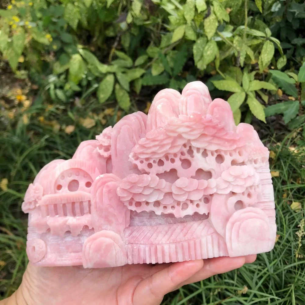 Natural Pink Opal Mountain Landscape Statue Double Sided Crystal Sculpture Reiki Healing Stone Home Desktop Decor