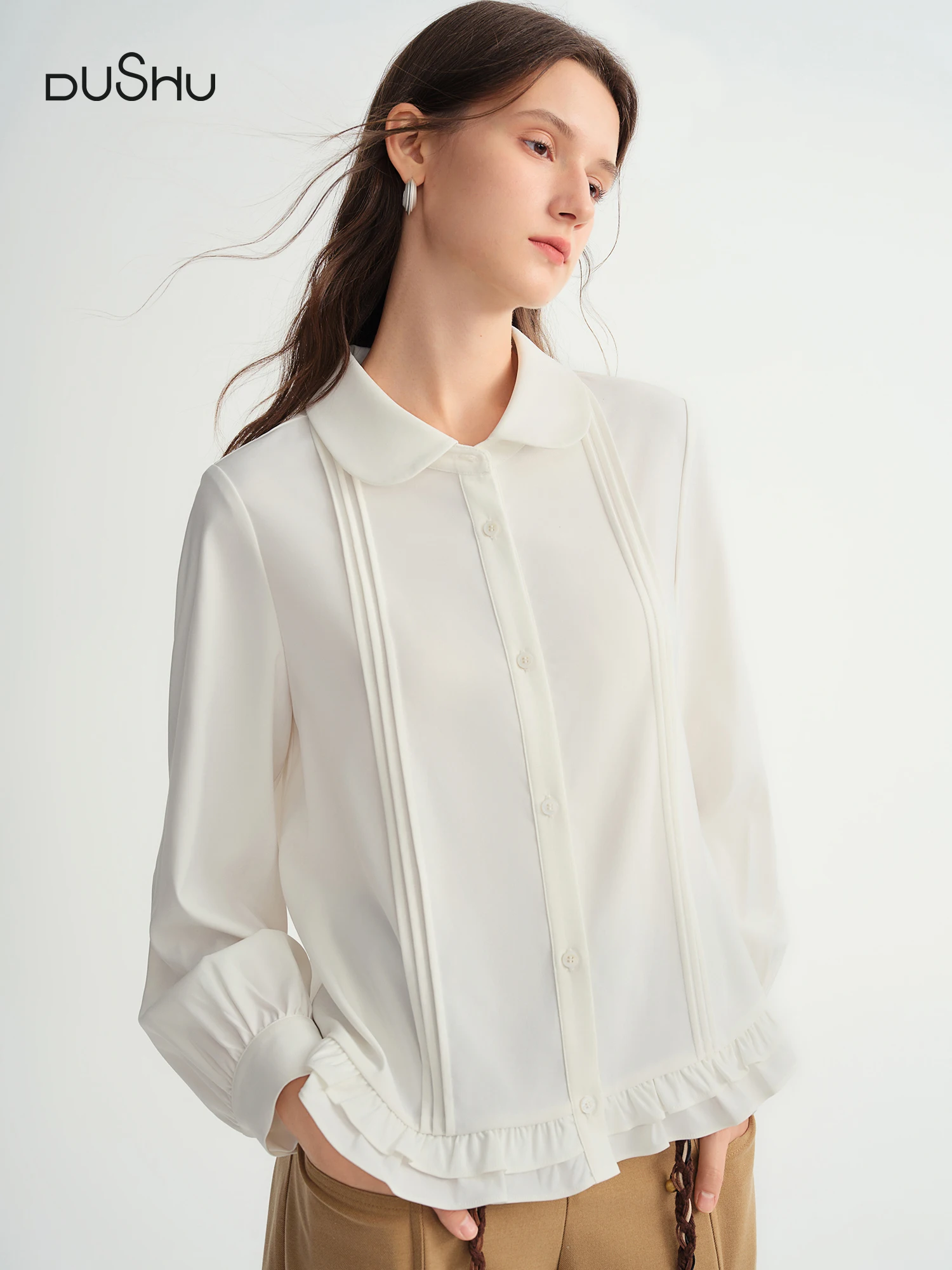 DUSHU Plus-size Women Clothing 【Sweet Tea Girl】 Striped Gathered Wooden Ear neckline and hem Babydoll Dress 2025 Winter Shirt