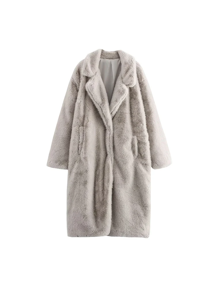 

European-style new women's fashion, versatile, elegant, simple solid color French-style faux fur effect long coat.