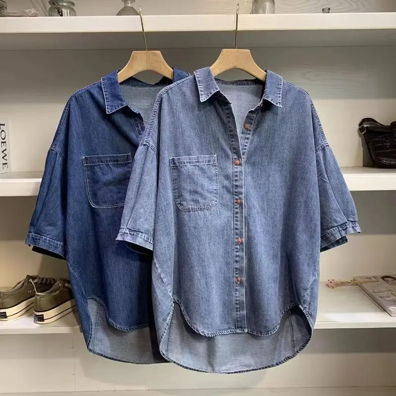 

Retro Blue Shirt Denim Shirt For Women Autumn 2025 New Turn-down Collar Long Sleeved Solid Single Breasted Jeans Blouses