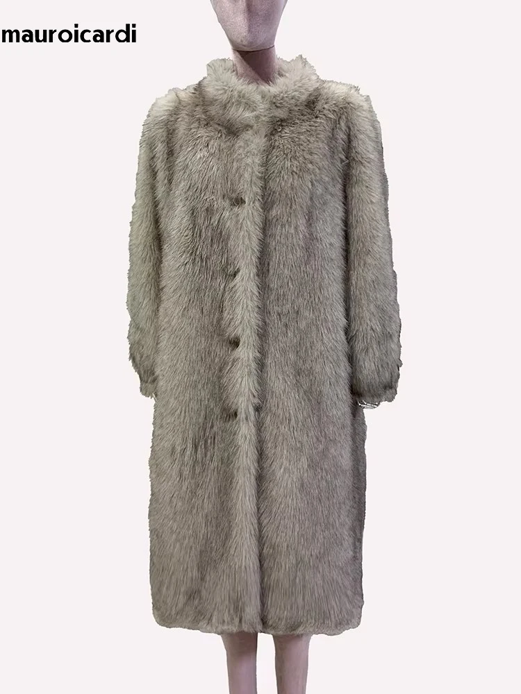 Mauroicardi Winter Long Thick Warm Hairy Shaggy Soft Faux Tuscan Fur Coat Women Single Breasted Luxury Fluffy Furry Overcoat