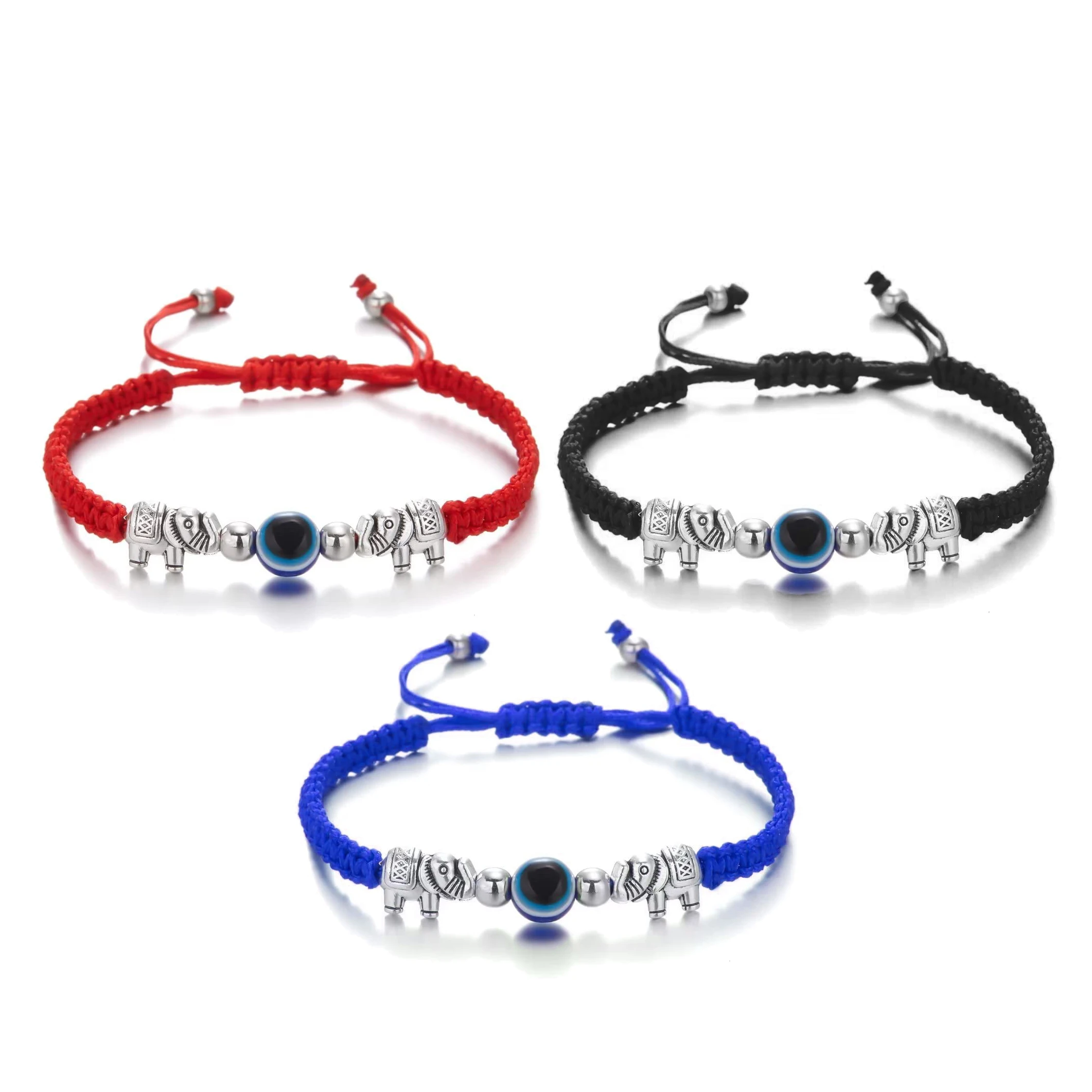 Zinc Alloy Elephant Nazar Evil Eye Lucky Charm Macrame Bracelet Women New Fashion Blue Black Red String Cord Handmade Jewelry