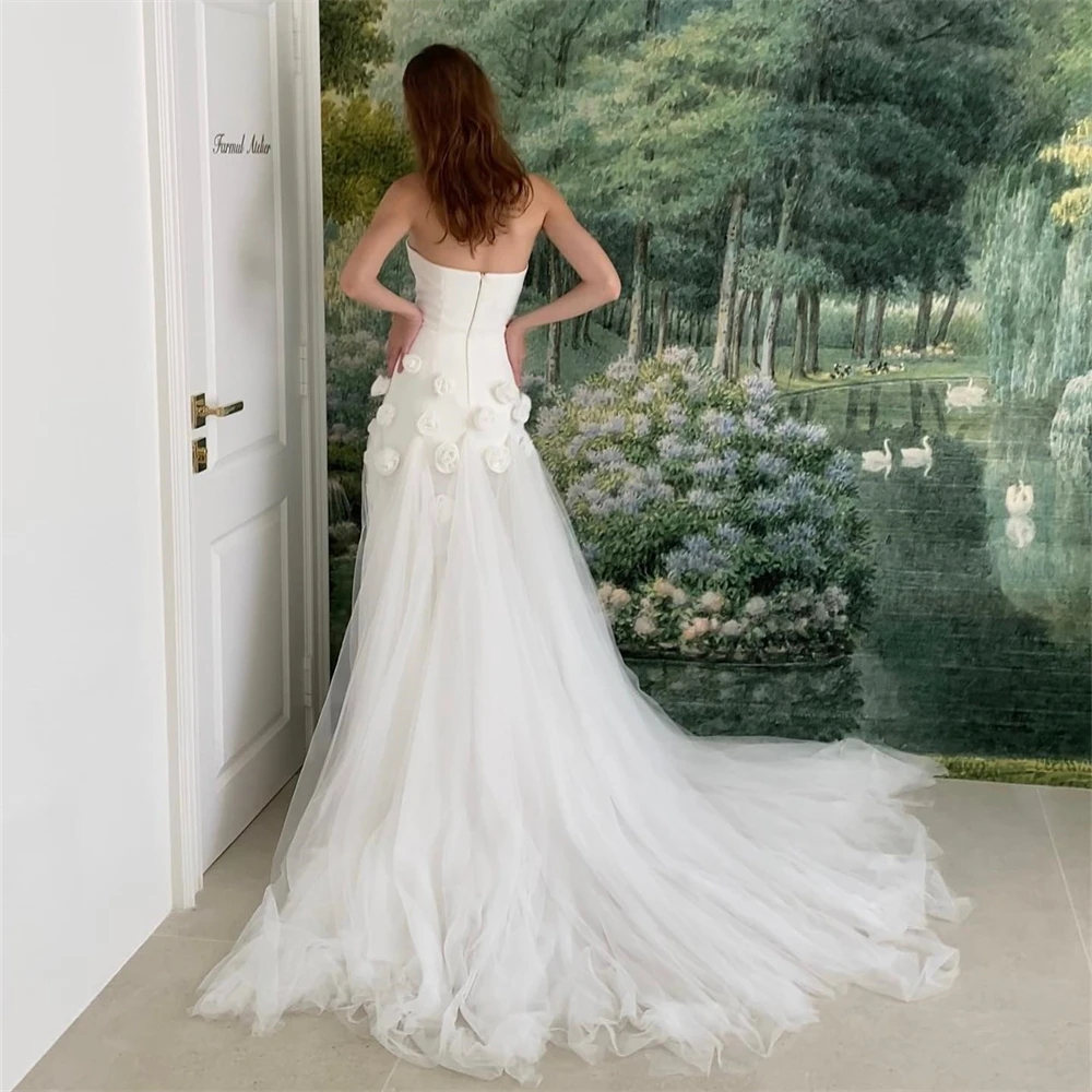 20152# Romantic Strapless 3D Flowers Wedding Dress For Bride Stunning Engagement Party Evening Gown With High Split Customized