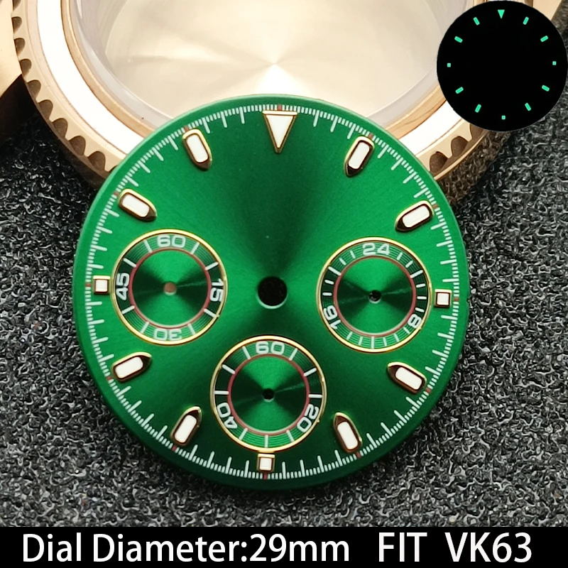 Циферблат VK63, высококачественный зеленый светящийся циферблат часов 29 мм для механизма VK63, аксессуары для мужских часов