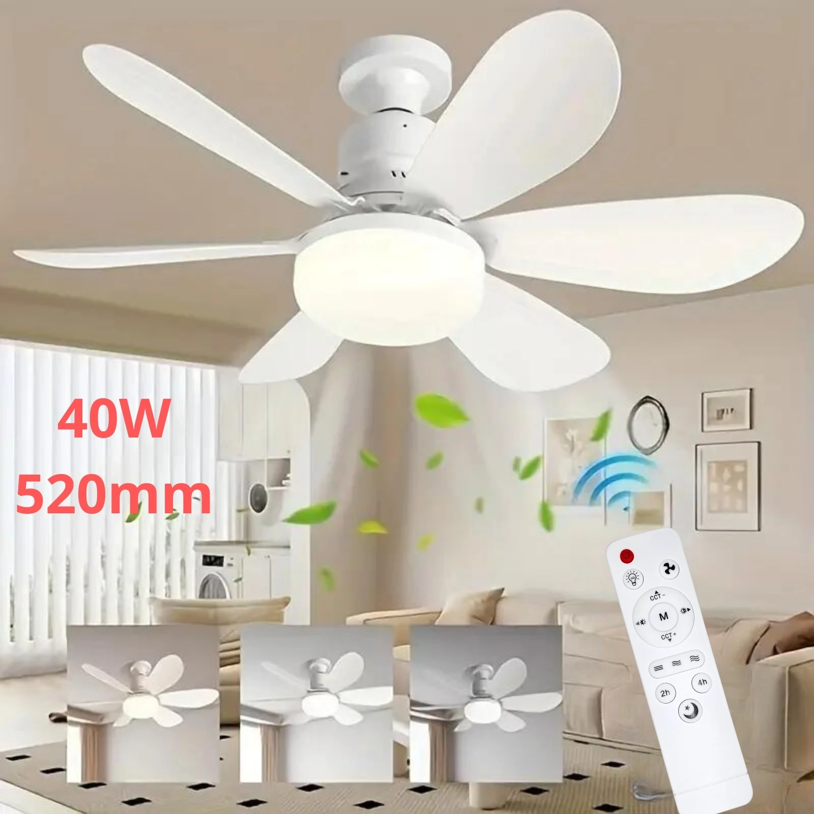 20.5in Ceiling Fan Light with Remote, 40W Socket Fan with LED, E27 Cordless Screw Electric Fan for Kitchen, Bedroom, Small Rooms