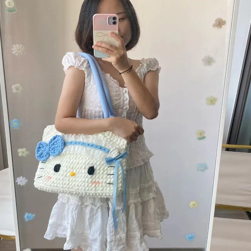 

Sanrio модная женская сумка ручной работы с рисунком Hello Kitty, большая вместительная сумка, милая универсальная сумка на плечо, подарок на день рождения