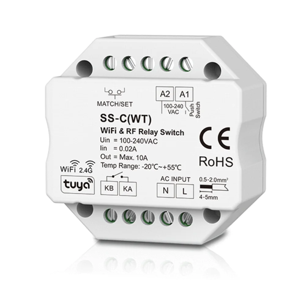 

110-220VAC 1CH*10A WiFi+2.4G RF AC Relay Switch Controller Converter SS-C(WT) Tuya App Phone APP For Non-dimmable Lamp Lights