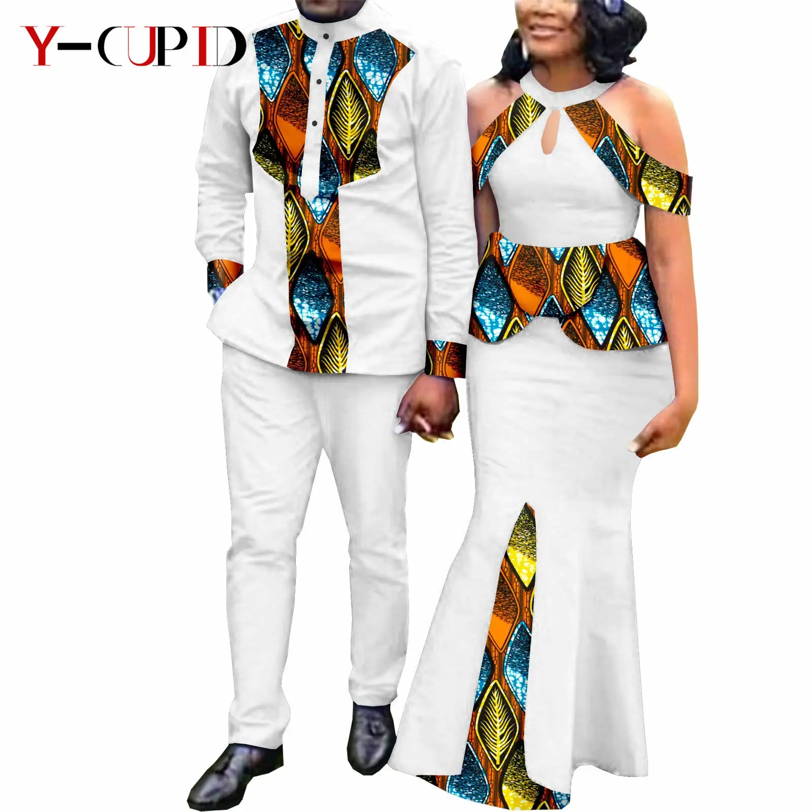 African Dresses for Women Match Bazin Lover Couple Clothes Print Mermaid Evening Dresses Men Outfits Shirt and Pant Sets Y21C024