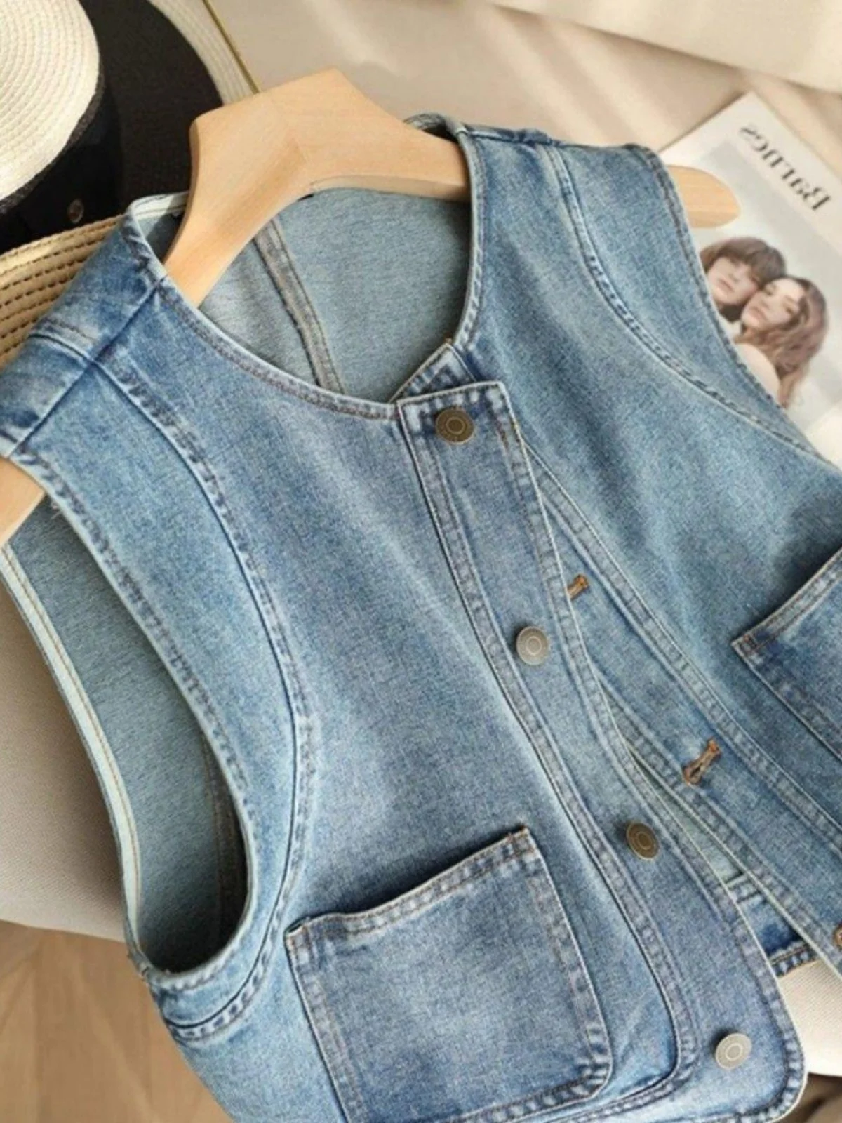 

Универсальный свободный джинсовый жилет для женщин, весна-лето, верхняя одежда, на пуговицах, из смесового хлопка, с V-образным вырезом