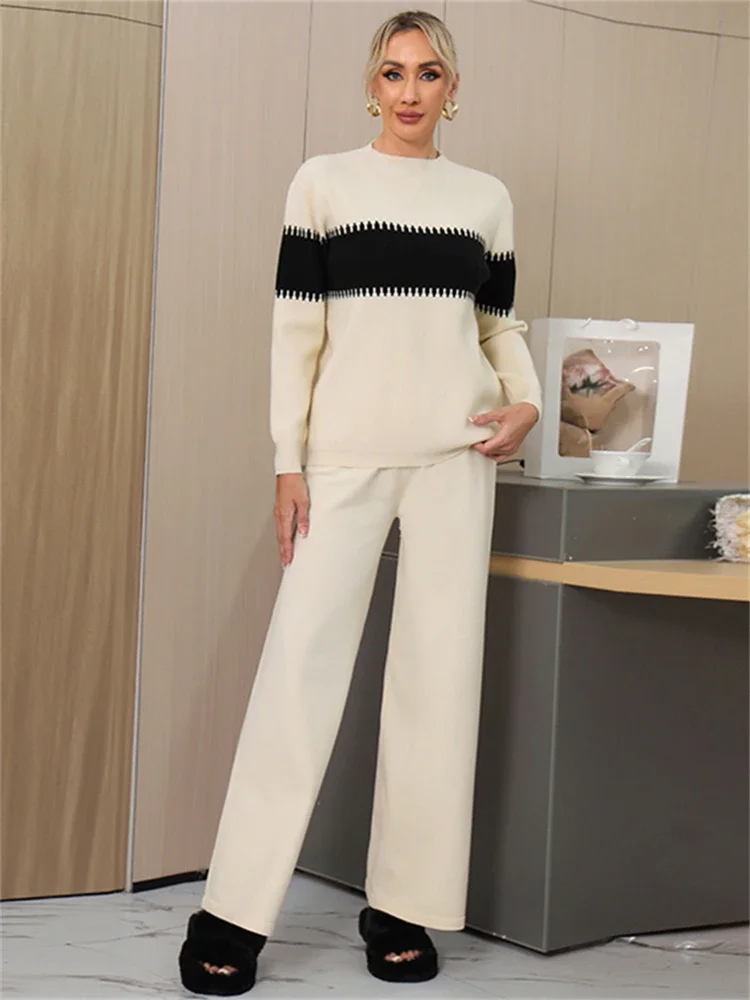 Women Sweater Winter 2 Piece Sets Elegnat Knitted Suits Female Sweaters Vintage Womens Pants High Waist Autumn Vintage Vestidos