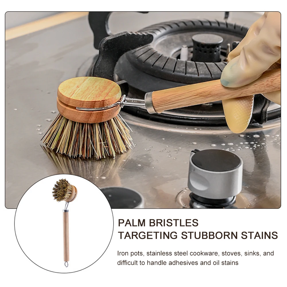 Replaceable Dish Brush Wooden Handle Stain Remove Pot Brush Portable Household Cleaning Scrub Brushes Kitchen Accessories