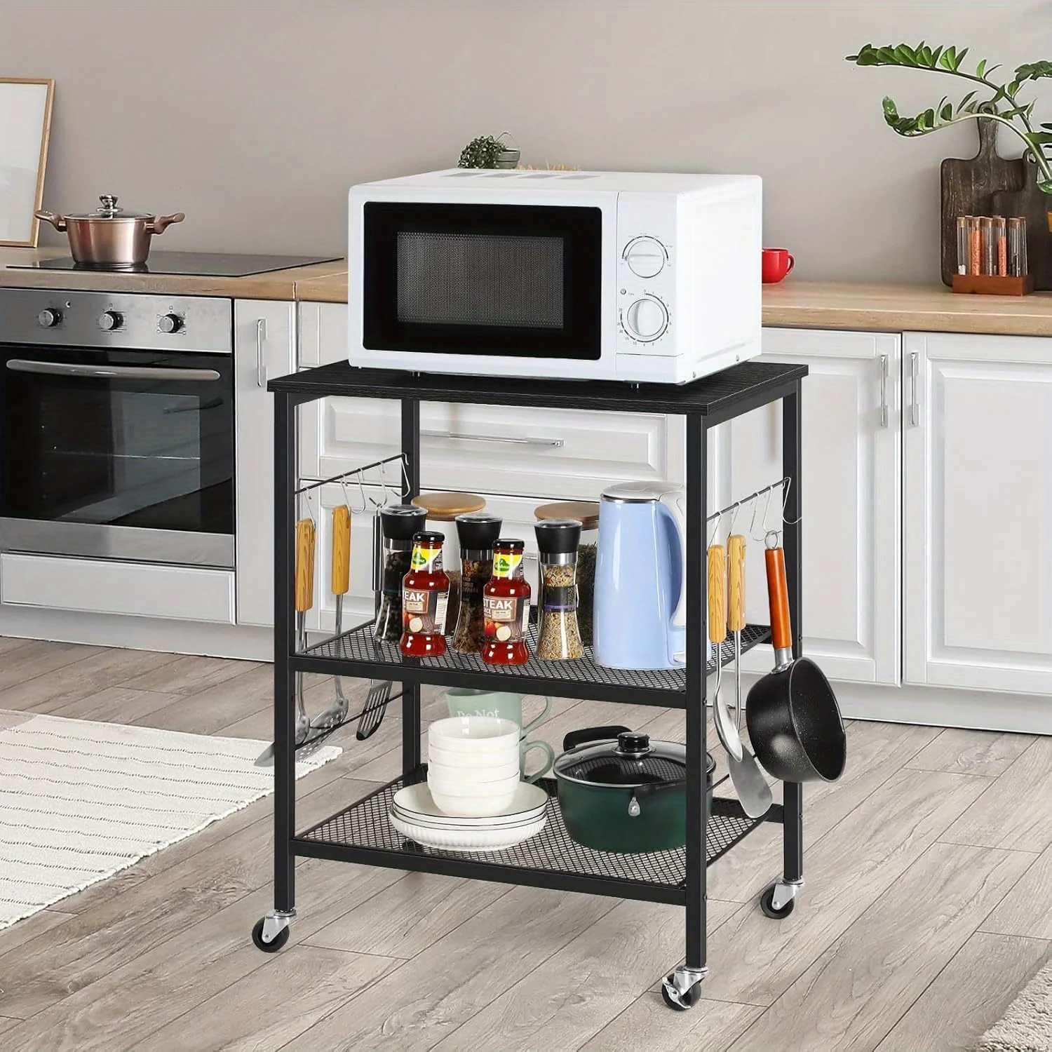 Microwave Stand Cart with Storage Small Kitchen Island on Wheels Black Coffee Bar Cart 3 Tier Kitchen Shelf Stand with 10 Hooks