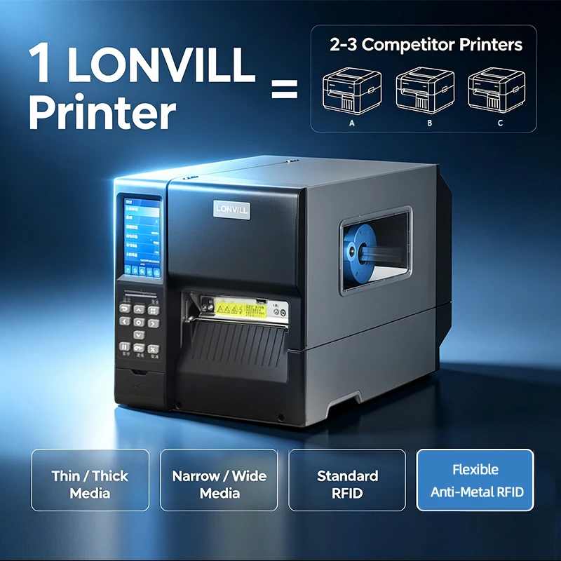 LONVILL Flexible On-Metal 2.0mm Tag Compatible Industrial RFID Thermal Transfer Printer with Peeler Rewinder for Logistics