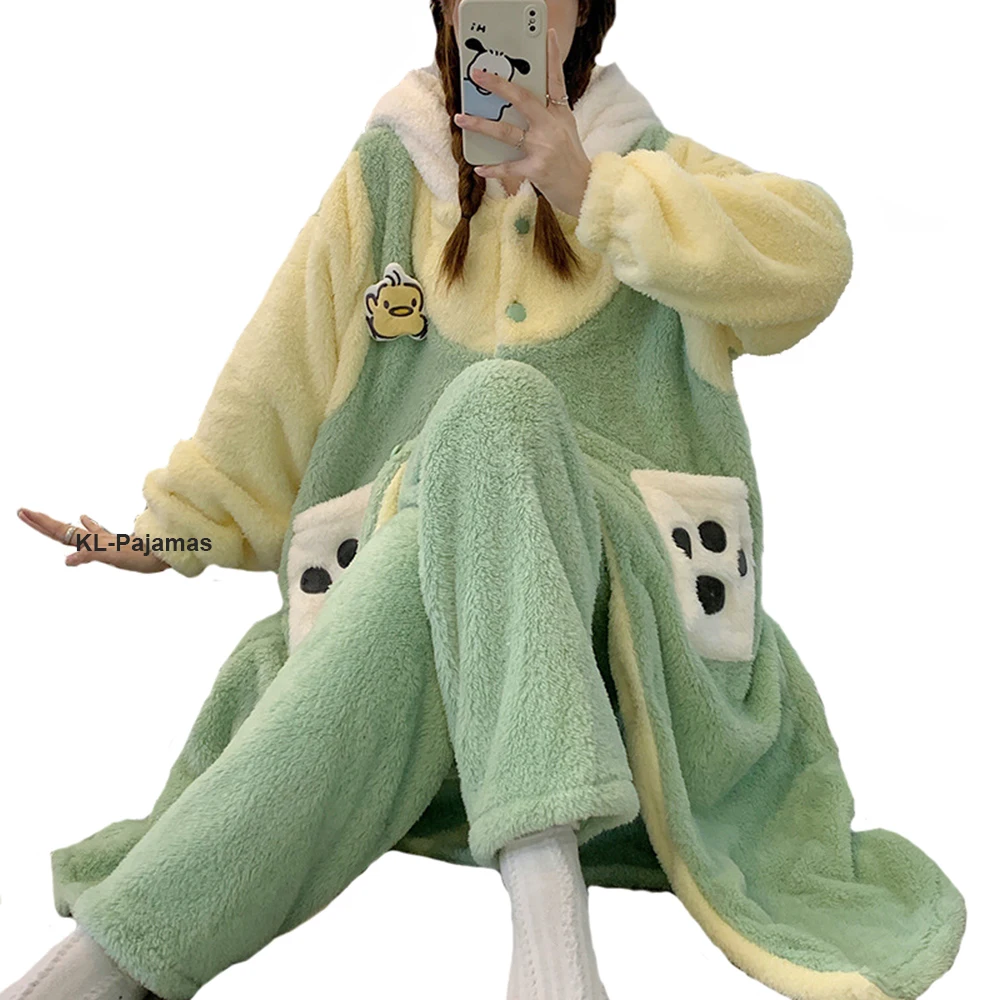 Winter Women Cosplay Pajamas Funny Anime Warm Sleepwear Long Robe Sets Flannel Sleeping Dress Thick Night Dress Nightgown Pijama