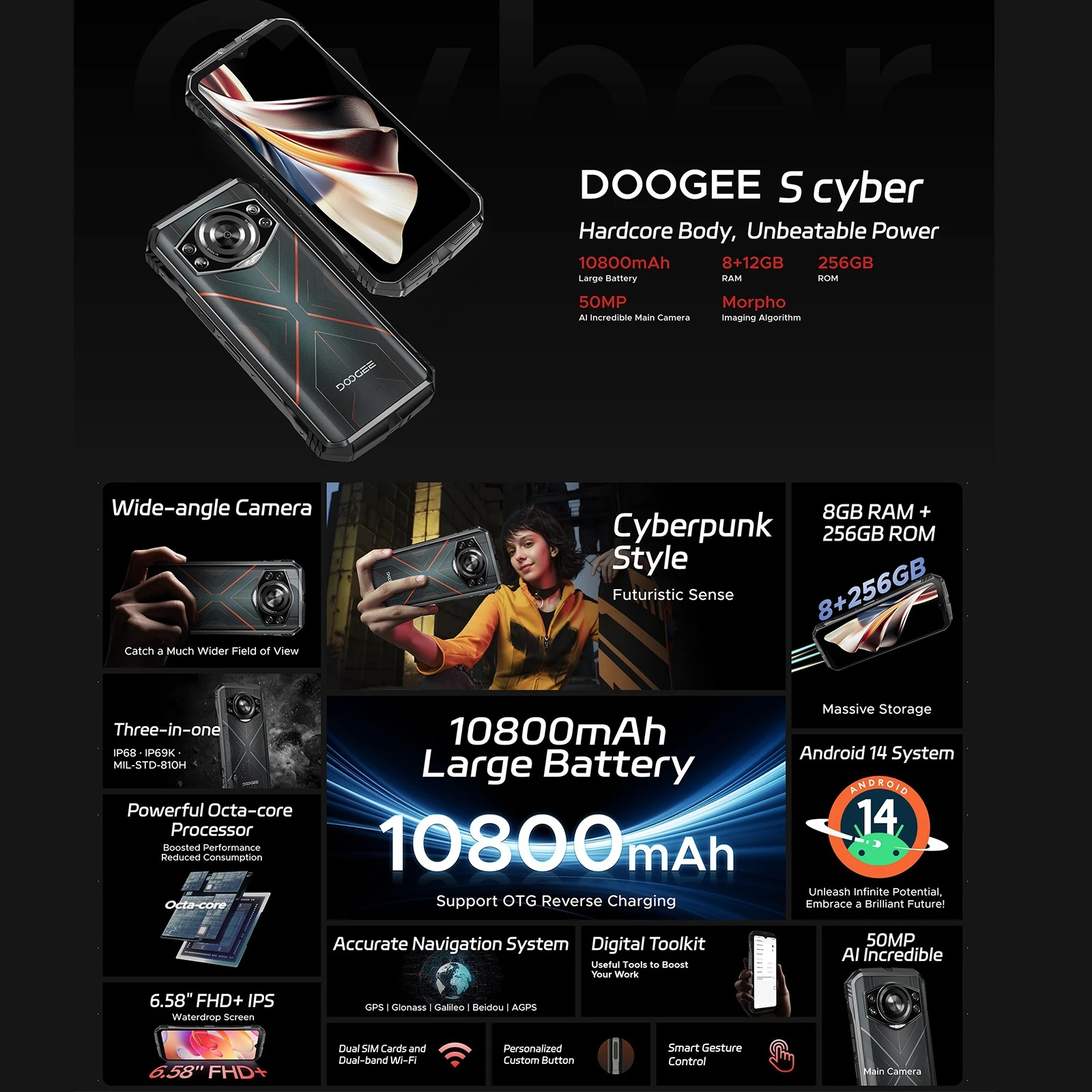 DOOGEE S Cyber Rugged Smartphone 6.58" 90Hz Screen 8GB+256GB 10800mAh Large Battery 50MP AI Main Camera Android 14 Cellphone NFC