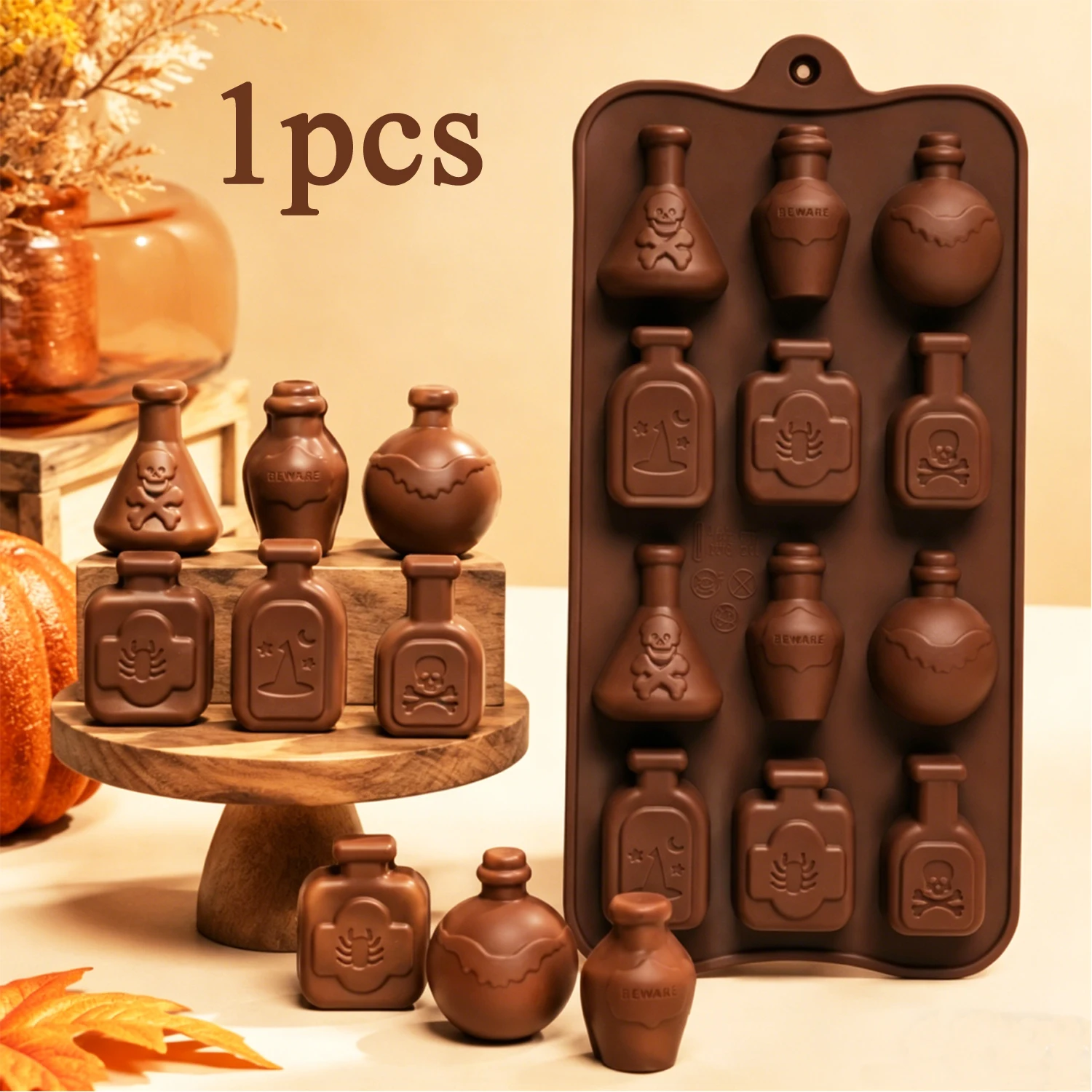 Halloween heksenmagische drankfles siliconen mal, met schedel, vleermuis en andere patronen, chocolade snoepvorm, hars DIY bakvorm