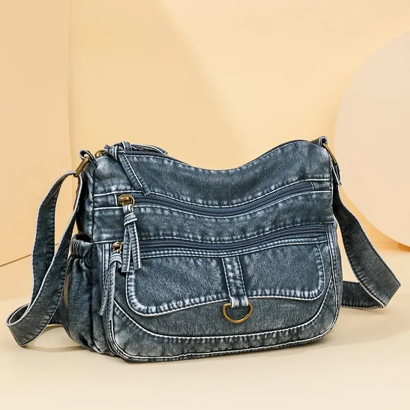 

Сумка на плечо из искусственной джинсовой ткани, однотонная модная сумка через плечо из искусственной кожи с украшением на молнии, прошитая Повседневная сумка через плечо, Лидер продаж 2024, сумки для женщин
