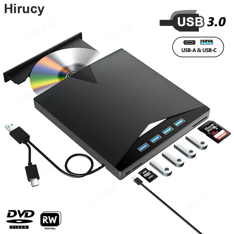 External DVD CD RW Optical Drive Portable DVD Burner with USB3.0 SD TF Card Slots CD Player Writer for Laptop PC Windows