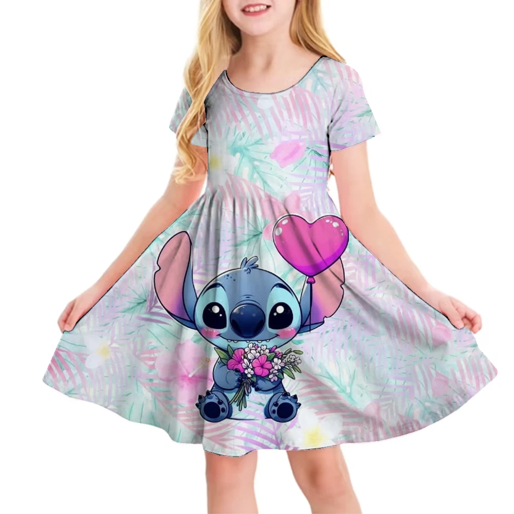 

Summer New Children's Clothing Printed Romantic Stitch Cute Girl Short-Sleeved Dress 3-14 Years Old Kids Performance Clothing