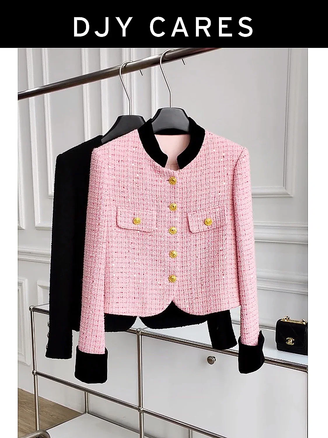 Bold tweed contrasting color splicing pink jacket stand up collar short top