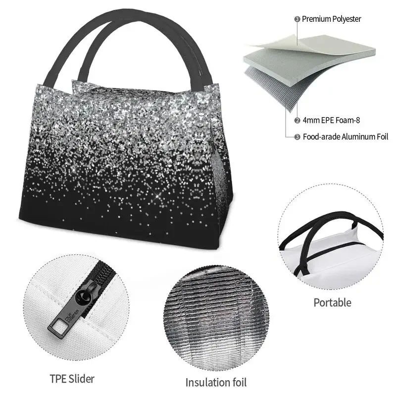 Silver Glitter Luxury Sparkling Insulated Lunch Tote Bag for Women Portable Thermal Cooler Food Lunch Box Work Travel