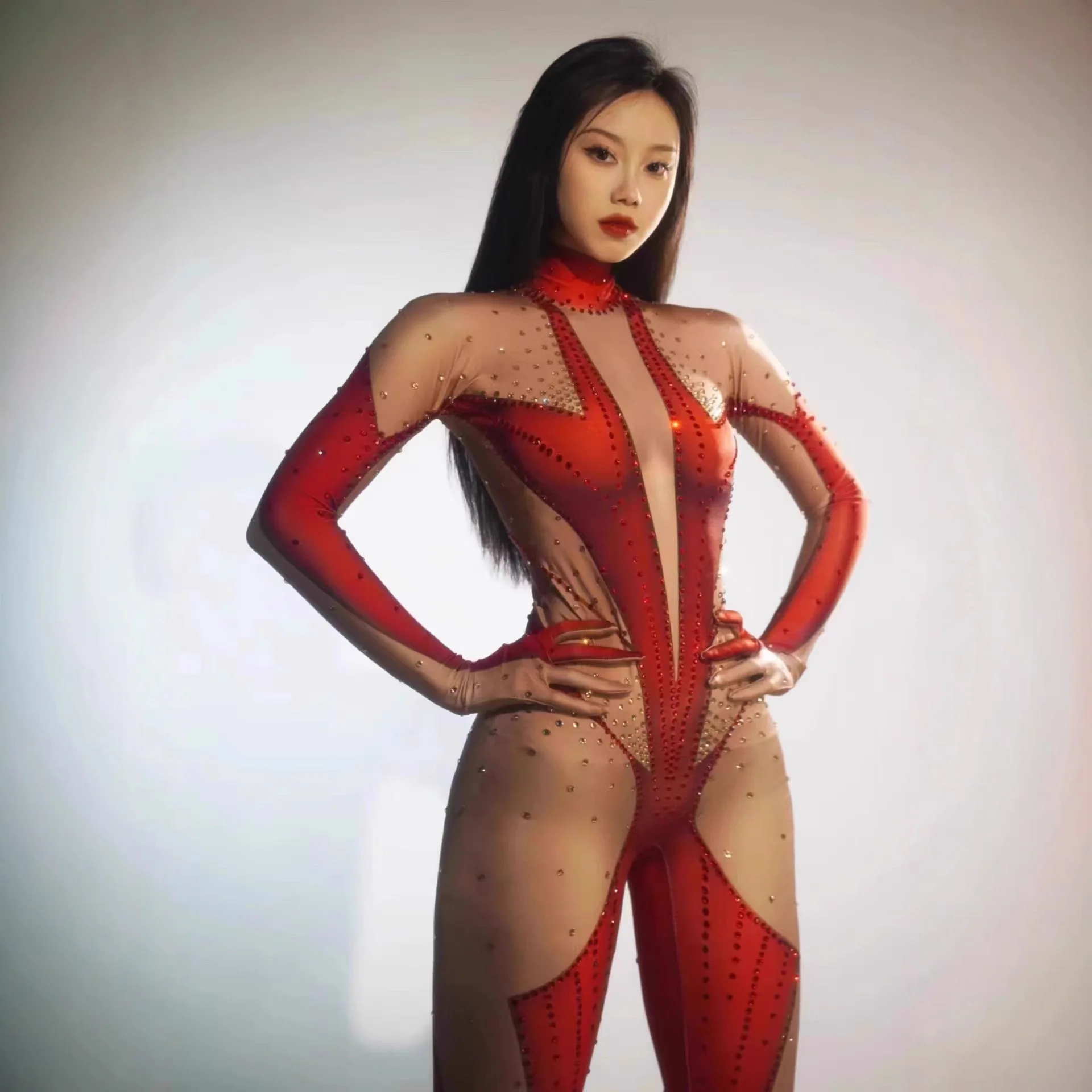 Sparkling Rhinestone High Neck Sleeveless Sexy Checkered Party Dress Spandex Jumpsuit Long Nightclub Style