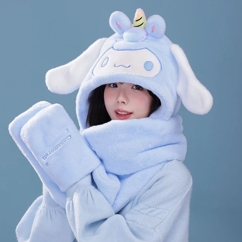 Miniso Cinnamoroll Winter Teenage Boy Girls Hat Scarf Three-Piece Woman Cap Gloves Neck Cover 3-In-1 Pupil Cute Mother-Girl Gift