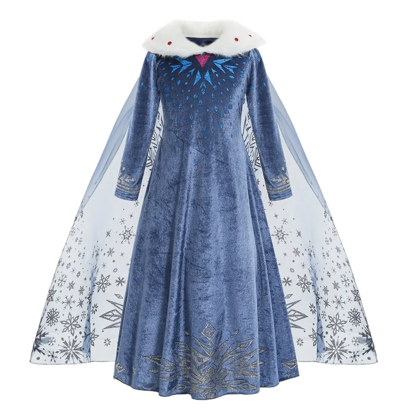 Girls Princess Elsa Dress Long Sleeve Cosplay Snow Queen Costume Kids Halloween Carnival Birthday Party Dress