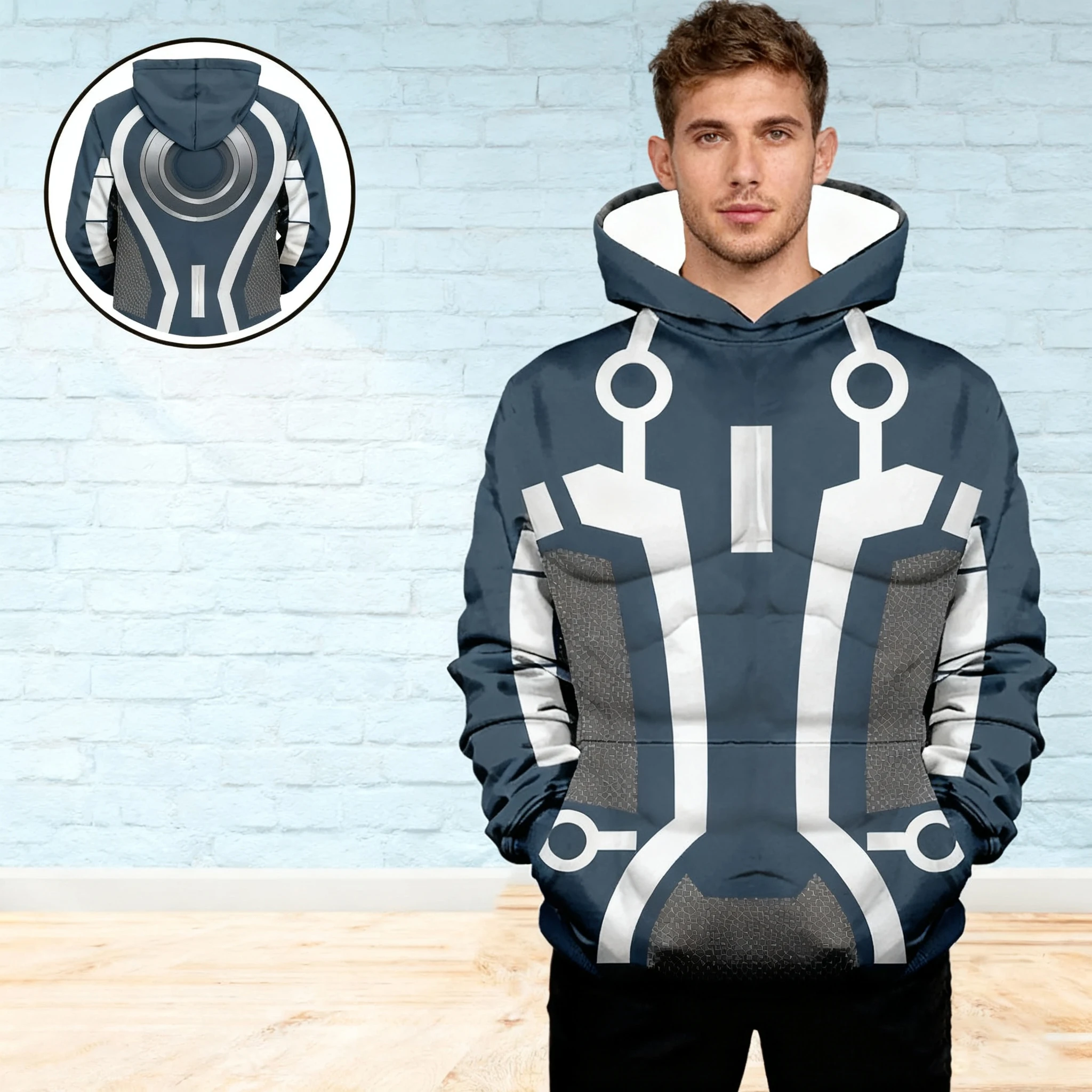 جديد الرجال الأبيض مقنعين البلوز الخيال العلمي ترون الدائرة ضوء نمط طباعة الخريف الشتاء عارضة الشارع الشهير أعلى