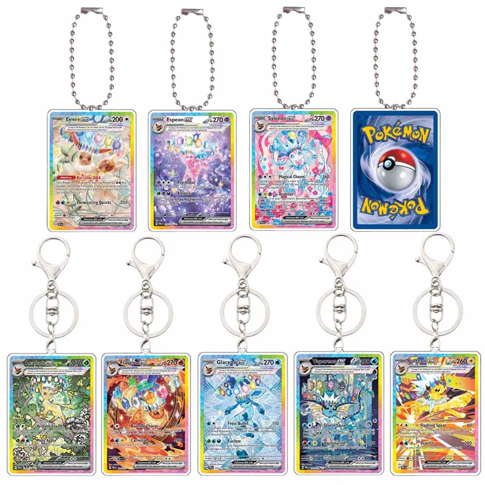 Pokemon Anime Key Chain Sylveon Eevee Glaceon Espeon Flareon Vaporeon Jolteon Leafeon Game Card Shape Acrylic Pendant Keychain