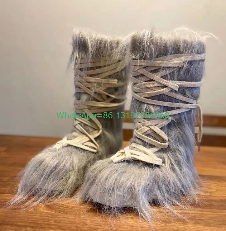 Lady grey fur calf lace-up design boots flat vintage retro style boots footwear size causal T SHOW dress footwear 46 size