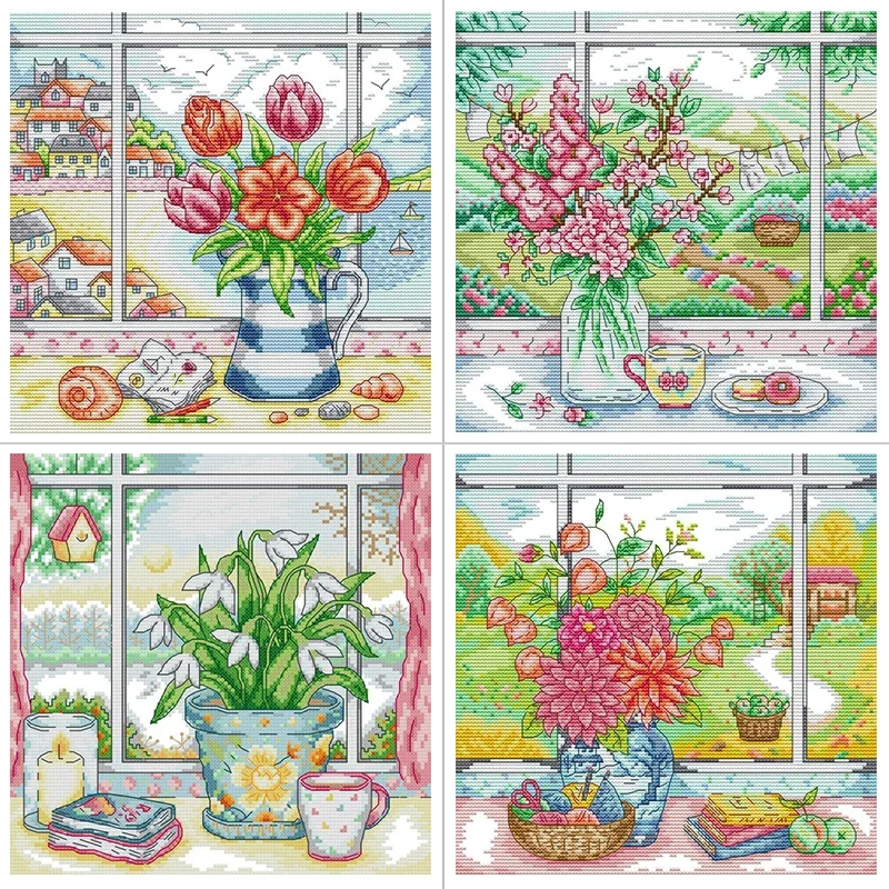 Vase on windowsill Flower Patterns Cross Stitch Kits DIY Handmade Needlework 14 16 11ct Counted Canvas Printed Cloth Embroidery