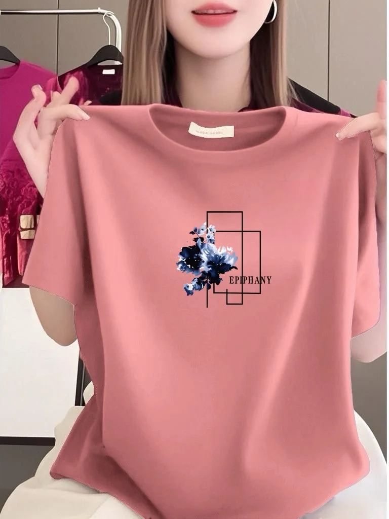 

High-End Printed Short Sleeve T-Shirt Women's Loose round Neck Slimming Younging Mom's Fashion Casual Top Polyester Fiber
