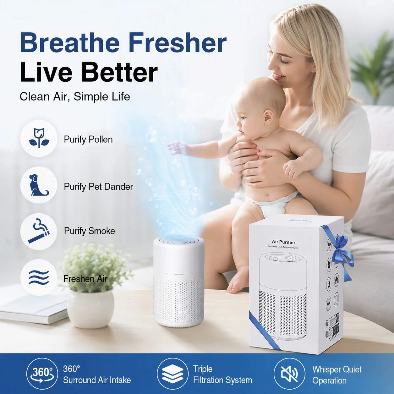 Air Purifier Desktop H13 HEPA Activated Carbon Negative Ion Type-C Portable Cleaner for Car Office Home Smoke Odor Formaldehyde
