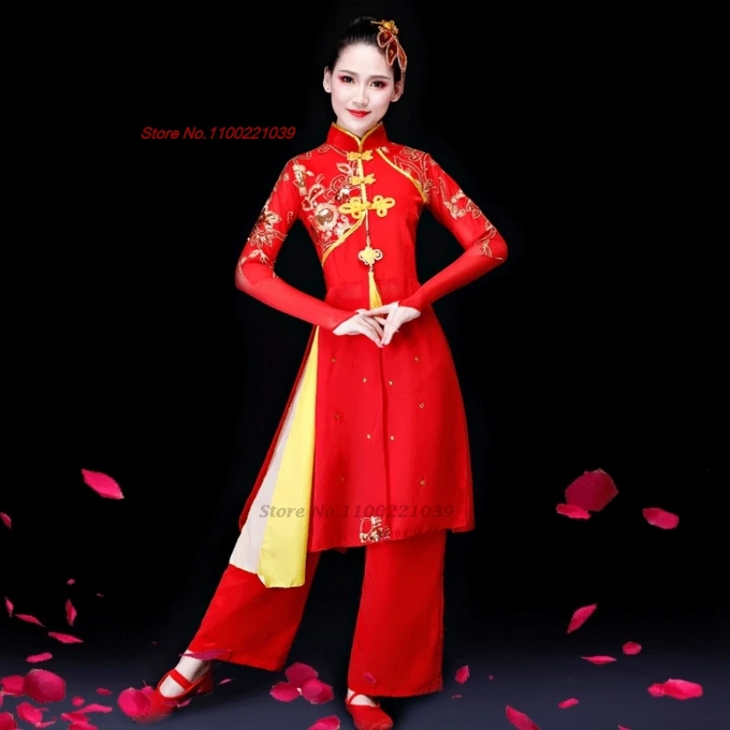 Costume de danse vintage chinois, robe de festival de danse folklorique traditionnelle, ensemble haut + pantalon hanfu, ensemble de danse rétro pour spectacle sur scène, 2025