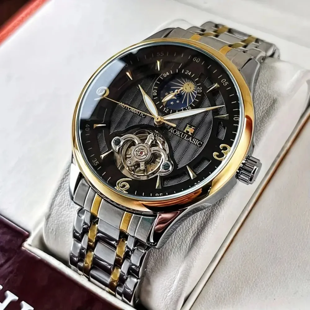 

Luxury Men's Automatic Mechanical Tourbillon Watch, Decorated with Celestial Patterns of the Sun, Moon, and Stars This Stylish and Classic Business Watch Exudes Elegance and Sophistication, Equipped with a High-Quality Butterfly Clasp. Men's Automatic Mec