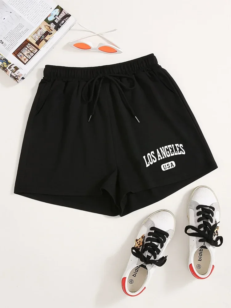 Los Angeles USA Letter Print Drawstring Shorts Casual Slant Pockets Shorts For Spring & Summer Women's Men's Oversize Clothing