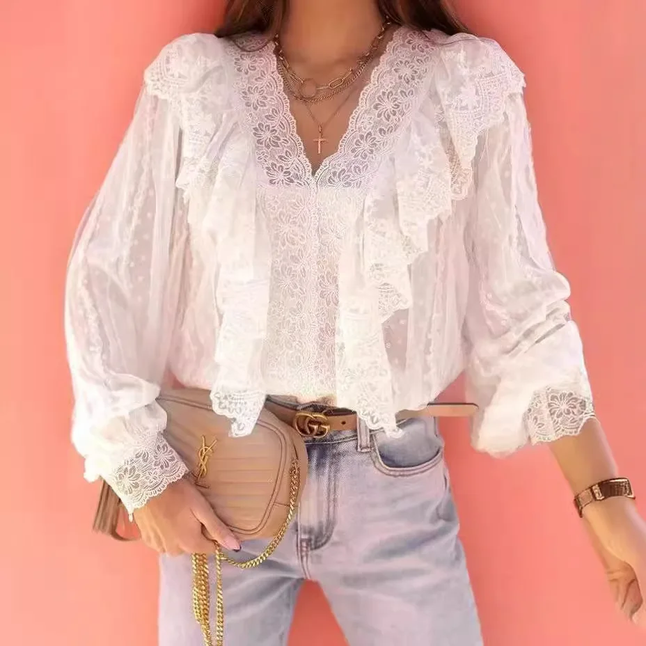 Women Blouse Shirts Ruffles Round Neck Sexy Blouses Y2k Tops Casual Irregularity Slim High Waist Elegant White Work Streetwear