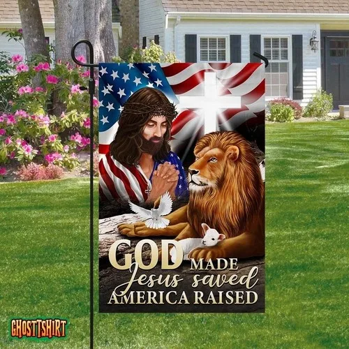 Jesus Christian Lion and Lamb God Made Jesus Saved America Raised Garden Flag TTP AAL HHM WZZ yyi