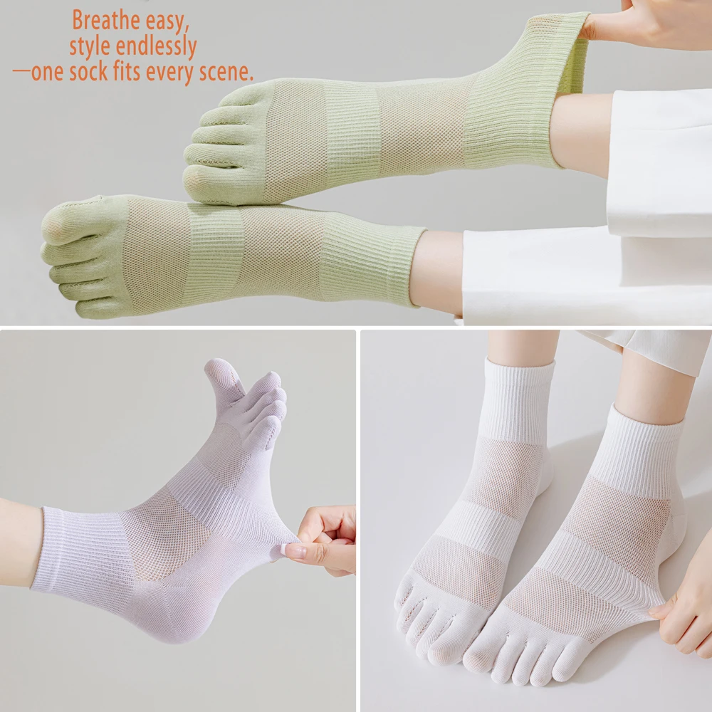 3 Paar Sommer-Zehentrenner-Socken für Damen – reine Baumwolle, antibakteriell, geruchshemmend, atmungsaktives Mesh-Design für Pilzschutz – Detail 10
