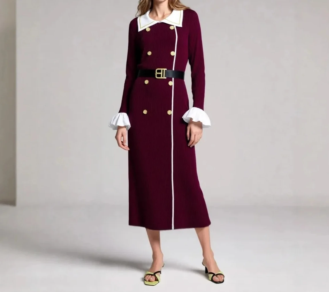 

Block Collar Belted Wrap Skirt Double Button High End Elegant Long Ankle Length Dress Spring Women's Fashionable Knitted Dress