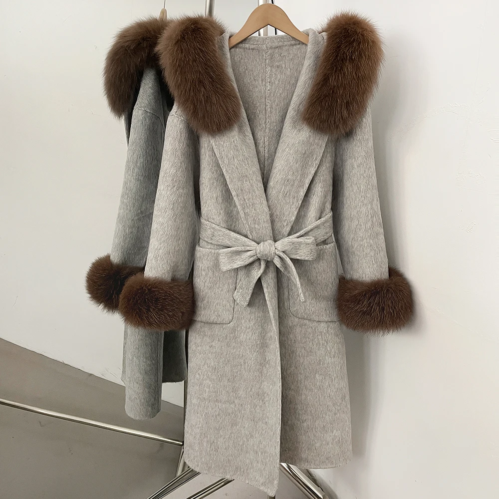 Women Woolen Coat Tie Waist Thick Real Fur Coat Commuting Style Woon Blend Long Overcoat with Fur Fall Winter Cold Season