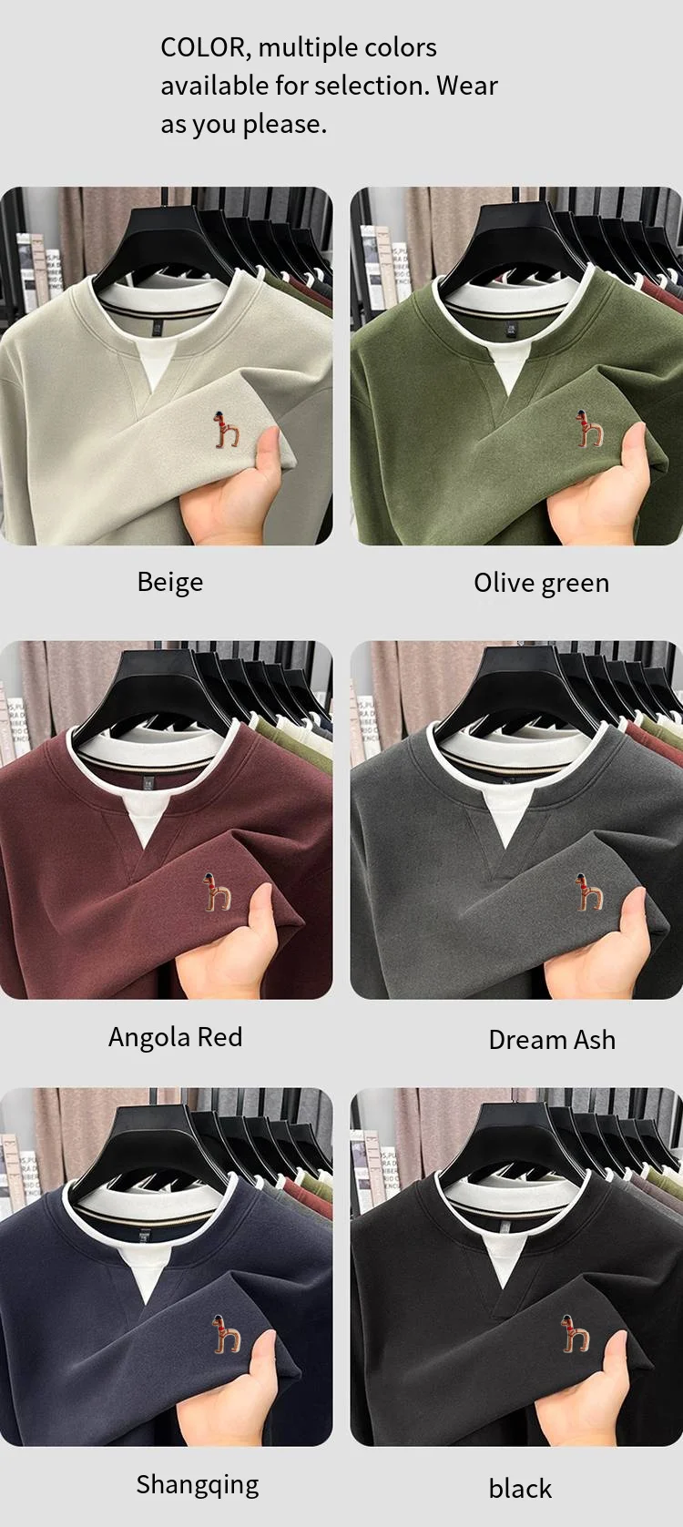 Hochwertiges Herren-Langarm-T-Shirt mit Rundhalsausschnitt, Zweiteiler-Optik, Farbblockierung, Besticktes T-Shirt, Modischer Trend in Herrenbekleidung – Detail 7