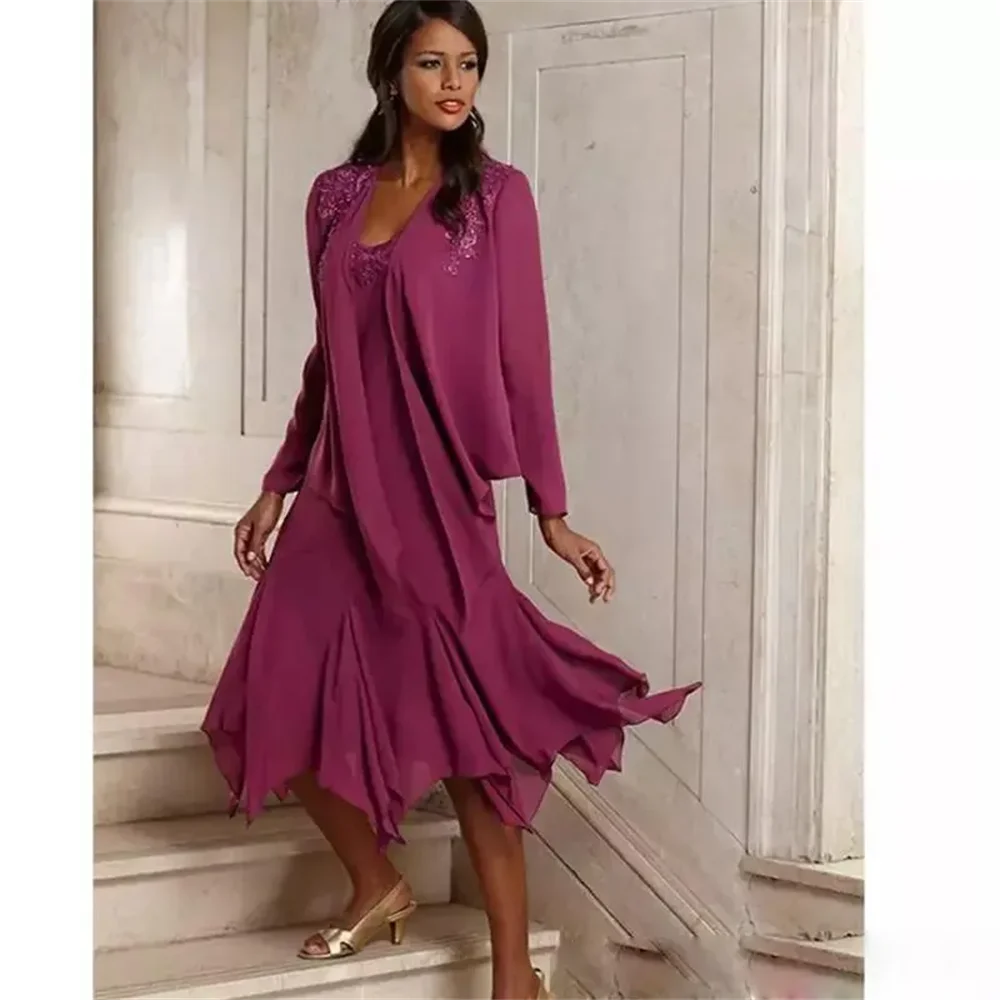 Fuchsia Mother Of The Bride Dresses With Jackets Lace Chiffon Tea Length Mothers Wedding Guests Gowns Vestido De Novia