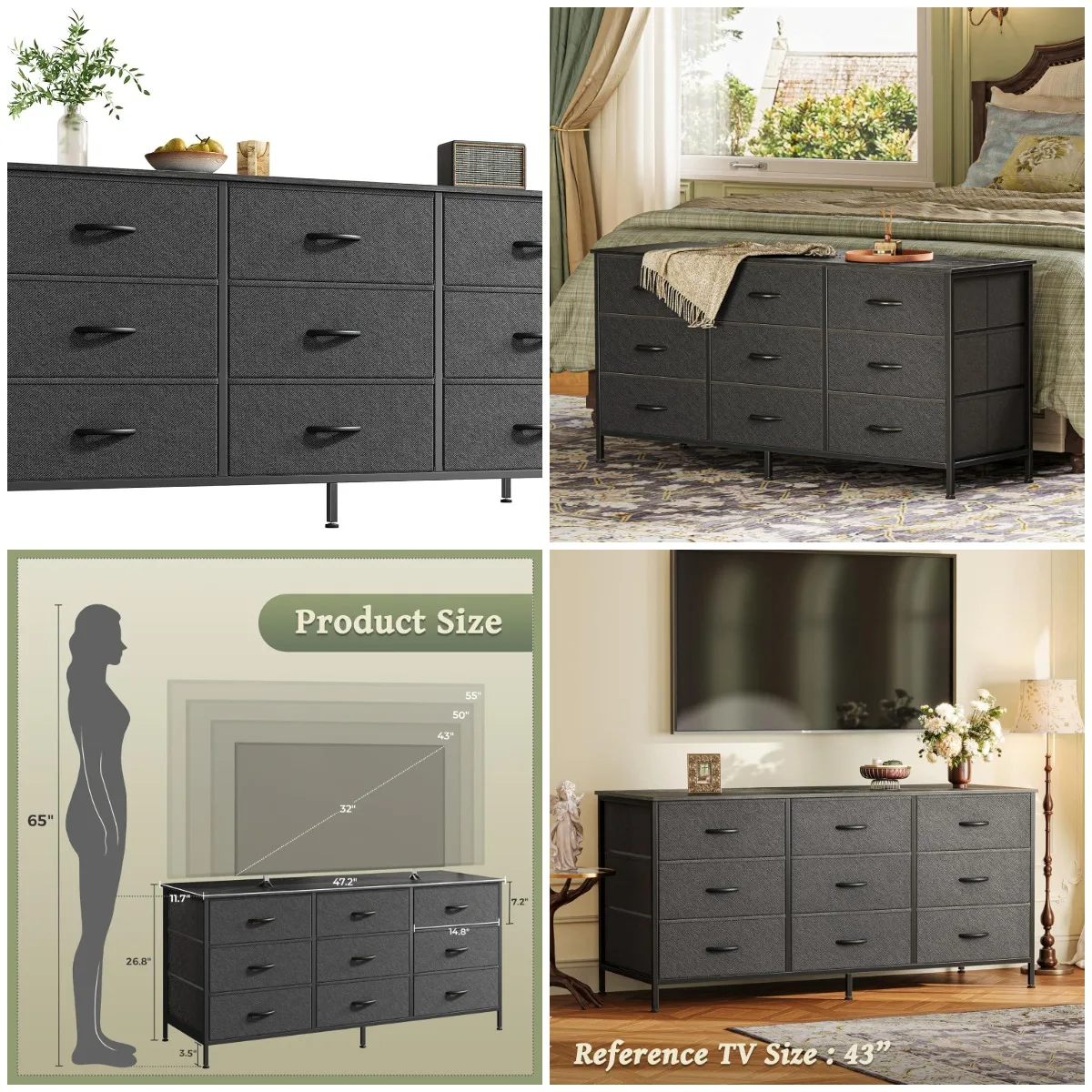 

47' 9-Drawer Dresser, TV Stand for 50-55' TV, Black Fabric Entertainment Center